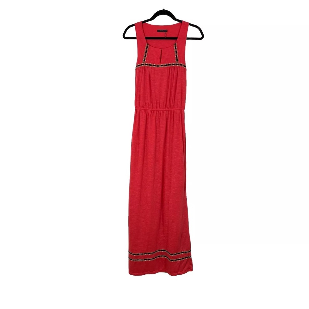 THML Maxi Dress Sz Small Coral Embroidered Stretch Boho Tribal Sleeveless Lined